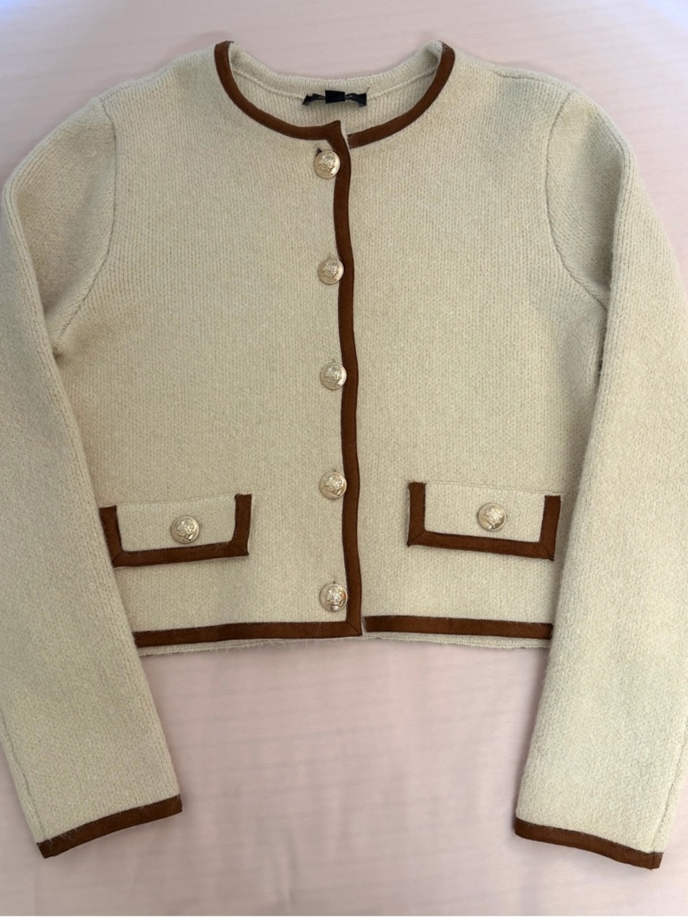 Ann Taylor Cream Cardigan with Brown Trim and Gold Buttons